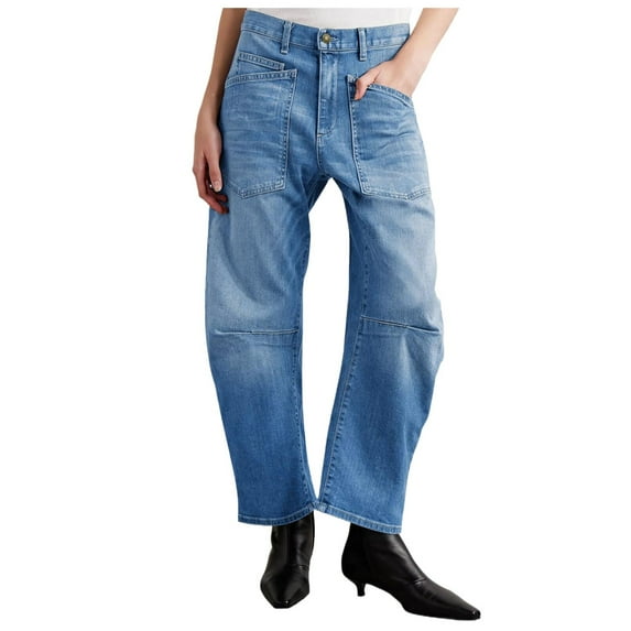 MIXUE Jeans For Women Solid Color Retro Deconstruction Tooling Patch Pocket Washed Curved High Waisted Trousers Sportswear,Blue,S