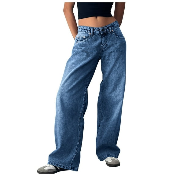 MIXUE Jeans For Women Solid Color Retro Low Waist Non Elastic Washed Straight Autumn Wide Leg Denim Pants Trousers Daily-Wear,Purple,XS