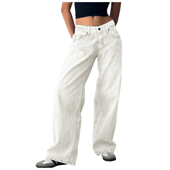 MIXUE Jeans For Women Solid Color Retro Low Waist Non Elastic Washed Straight Autumn Wide Leg Denim Pants Trousers Holiday Wear,White,L