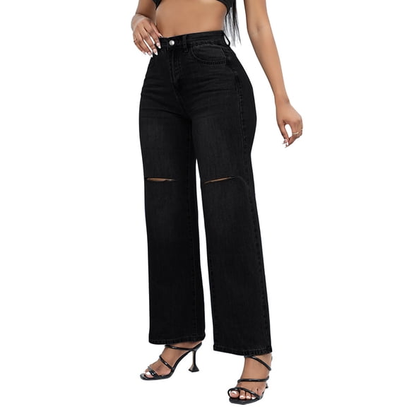 MIXUE Jeans For Women Solid Color Ripped Boyfriend Stretch Distressed Holes Trousers Outwear,Black,M