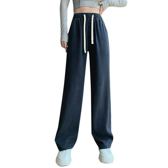 MIXUE Jeans For Women Solid Color Tied Waist Straight Leg Wide Leg Denim Pants Trousers Activewear,Blue,XL