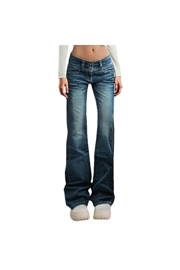 Jeans For Women Solid Color Vintage High Waist Button Fly Slim Fit Straight Leg Casual Wide Leg Pants" Trousers Activewear,Blue,S
