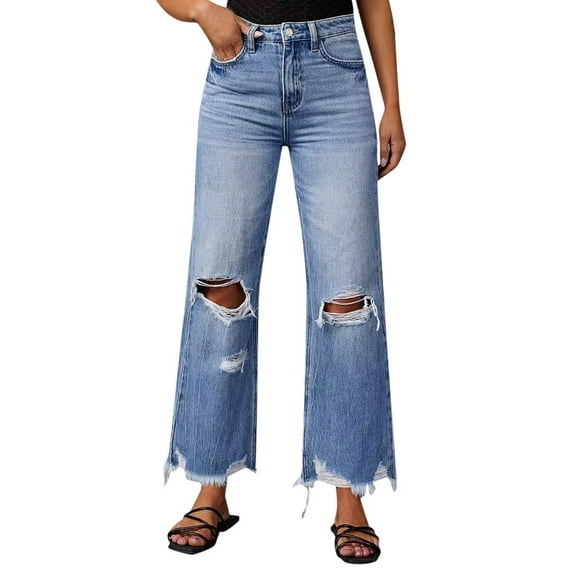 MIXUE Jeans For Women Solid Color Wide Leg Pants Fringe Washed Ripped High Waisted Straight Leg Casual Pants Trousers Daily-Wear,Blue,L