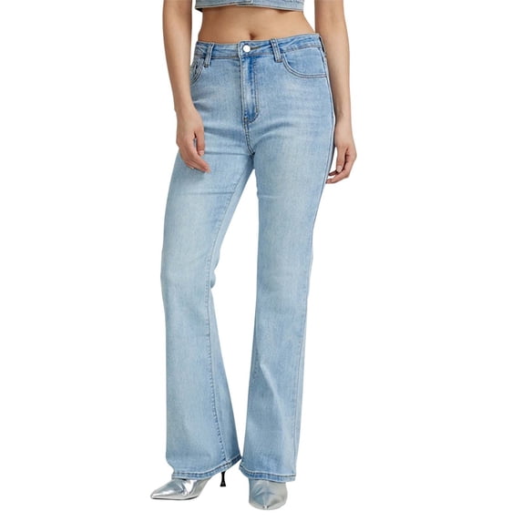 MIXUE Jeans For Women Solid Color Wide Leg Stretch Flare Mid Rise Trousers Sportswear,Blue,S