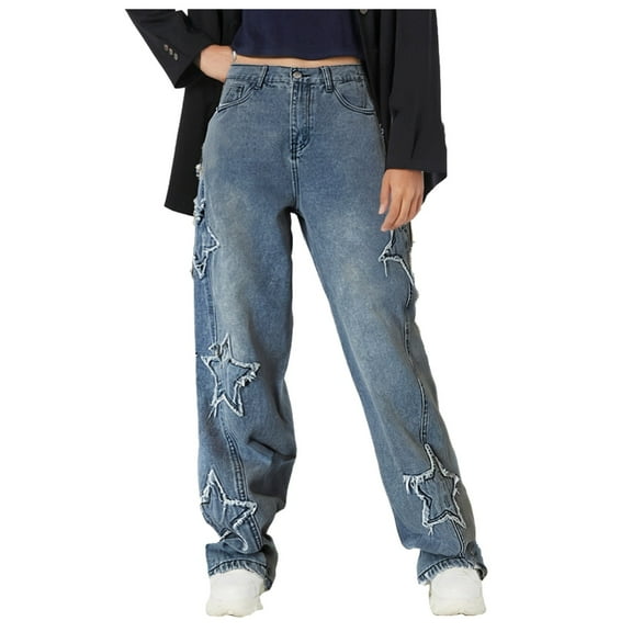 MIXUE Jeans For Women Solid Color Star Embroidered Blue Denim Pants Loose Fit Straight Leg Wide Leg Unique Design Fashion Trousers Holiday Wear,Blue,S