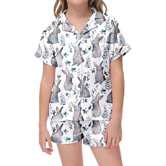 MIXUE Juniors Girls Outfit Sets Kids Easter Cartoon Bunny Floral Printed Short Sleeve Button Down Pajamas Shorts Sleepwear Streetwear,White,12-13 Years