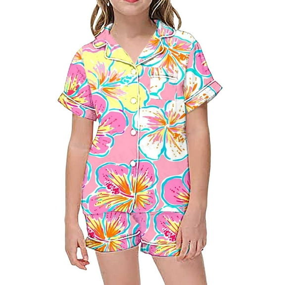 MIXUE Juniors Girls Outfit Sets Kids Graphic Print Short Sleeve Button Shirts With Shorts 2 Piece Pajamas Streetwear,Pink,12-13 Years