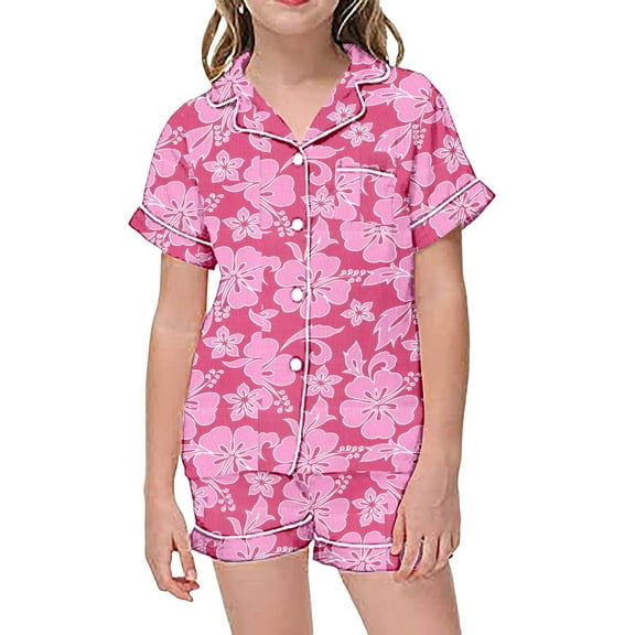 MIXUE Juniors Girls Outfit Sets Kids Graphic Print Short Sleeve Button Shirts With Shorts 2 Piece Pajamas Streetwear,Pink,12-13 Years