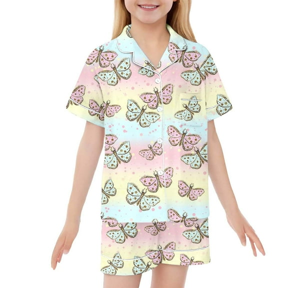 MIXUE Juniors Girls Outfit Sets Kids Graphic Print Short Sleeve Button Shirts With Shorts 2 Piece Pajamas Streetwear,White,12-13 Years