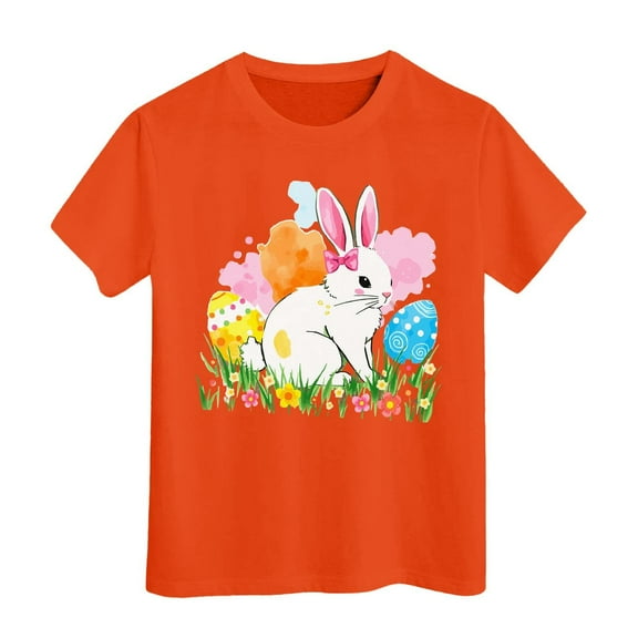 MIXUE Juniors Girls Tops & T-Shirts Easter Eggs Bunny Kids Round Neck Short Sleeve Summer Casual Pullover Tee Shirts Streetwear,Orange,12-13 Years
