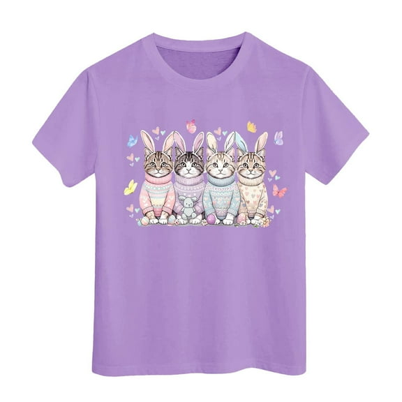 MIXUE Juniors Girls Tops & T-Shirts Easter Eggs Bunny Kids Round Neck Short Sleeve Summer Casual Pullover Tee Shirts Streetwear,Purple,12-13 Years