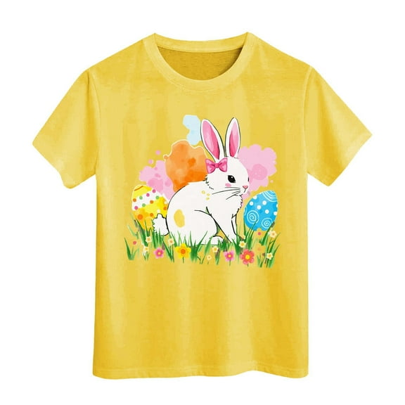 MIXUE Juniors Girls Tops & T-Shirts Easter Eggs Bunny Kids Round Neck Short Sleeve Summer Casual Pullover Tee Shirts Streetwear,Yellow,12-13 Years