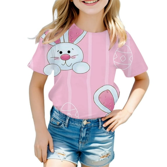 MIXUE Juniors Girls Tops & T-Shirts Fashion Casual Easter Bunny Print Round Neck Loose Short Sleeve Pullover Tee Shirts Sportwear,Pink,12-13 Years