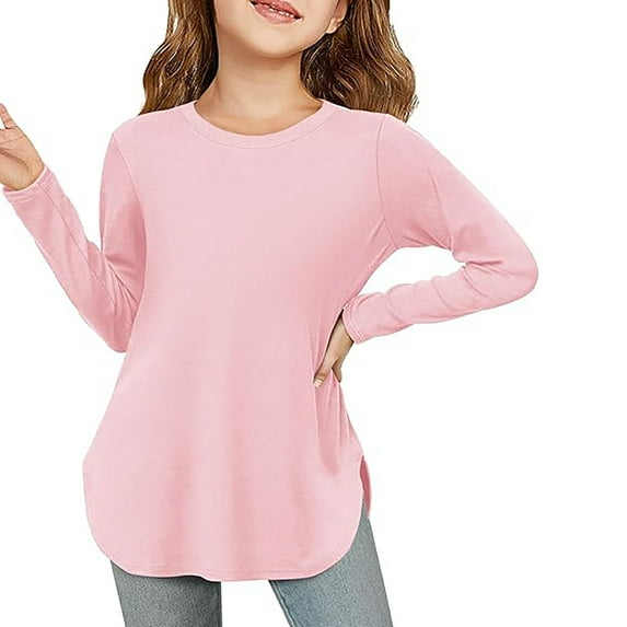 MIXUE Juniors Girls Tops & T-Shirts Kids Solid Color Crew Neck Long Sleeve Slim Tunic Soft Sweatshirts Tops Outwear,Pink,13-14 Years