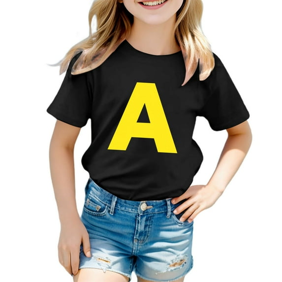 MIXUE Kids Girls Tops & T-Shirts Children Fashion Letter Print Crew Neck Short Sleeve Softcasual Comfortable Pullover Tshirts Outwear,Black,8-9 Years