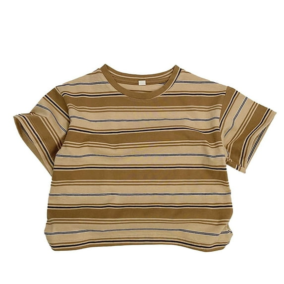 MIXUE Kids Girls Tops & T-Shirts Children Unisex Striped Print Round Neck Short Sleeve Casual Pullover T Shirts Activewear,Beige,6-8 Years