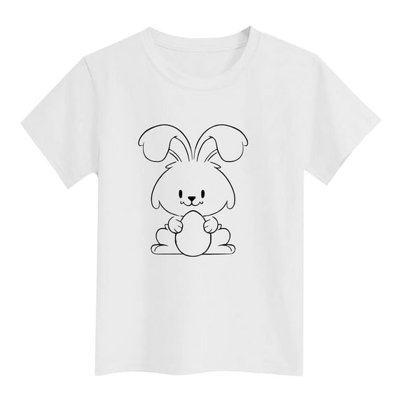 MIXUE Kids Girls Tops & T-Shirts Easter Bunny Kids Cute Diy Egg Graphic Print Soft Round Neck Short Sleeve Pullover Tshirts Holiday Wear,White,6-7 Years