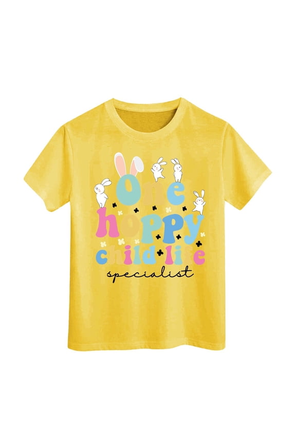 Kids Girls Tops & T-Shirts Easter Eggs Bunny Kids Round Neck Short Sleeve Summer Casual Pullover Tee Shirts Sportwear,Yellow,6-7 Years