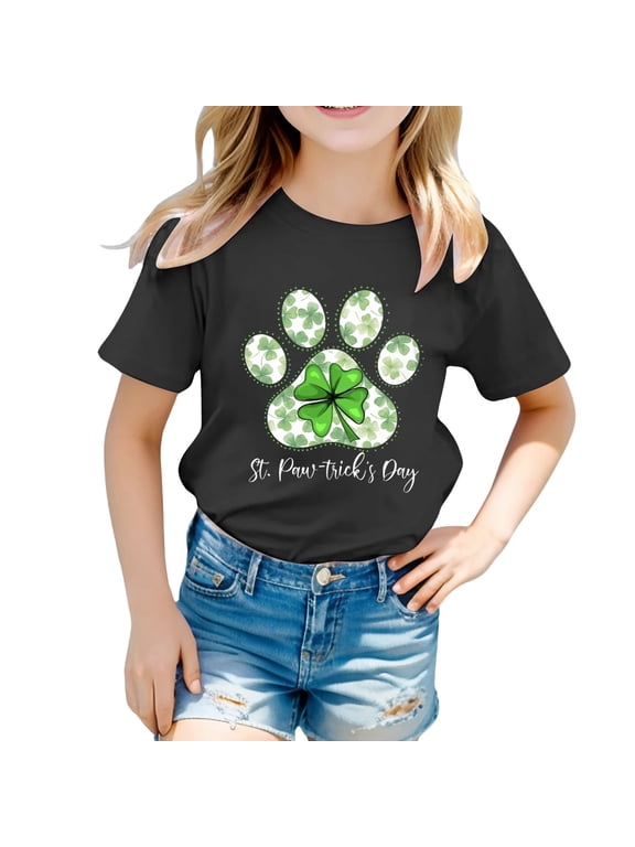 Kids Girls Tops & T-Shirts Kid Cute Saint Patrick'S Day Round Neck Short Sleeve Summer Casual Pullover T Shirts Activewear,Black,8-9 Years