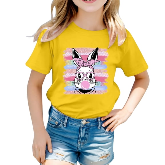 MIXUE Kids Girls Tops & T-Shirts Kids Easter Bunny Graphic Loose Fit Casual Short Sleeve Pullover Tshirts Outwear,Yellow,8-9 Years