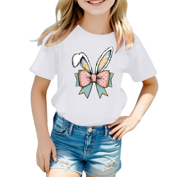 MIXUE Kids Girls Tops & T-Shirts Kids Summer Cute Easter Bunny Print Round Neck Short Sleeve Pullover T Shirts Daily-Wear,White,5-6 Years