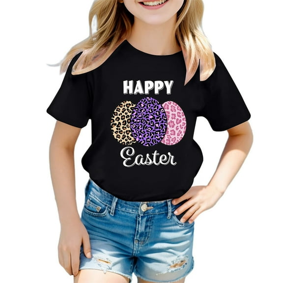 MIXUE Kids Girls Tops & T-Shirts Kids Summer Cute Easter Bunny Print Round Neck Short Sleeve Pullover Tshirts Holiday Wear,Black,7-8 Years
