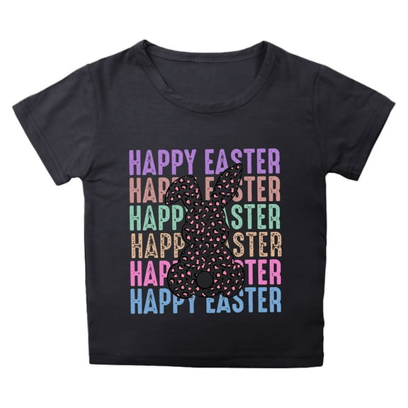 MIXUE Kids Girls Tops & T-Shirts Kids Summer Easter Bunny Round Neck Petal Sleeve Casual Solid Color Pullover T Shirts Activewear,Black,8-9 Years