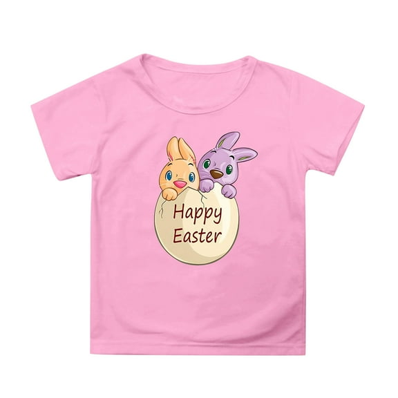 MIXUE Kids Girls Tops & T-Shirts Kids Summer Easter Bunny Round Neck Petal Sleeve Casual Solid Color Pullover T Shirts Activewear,Pink,6-7 Years