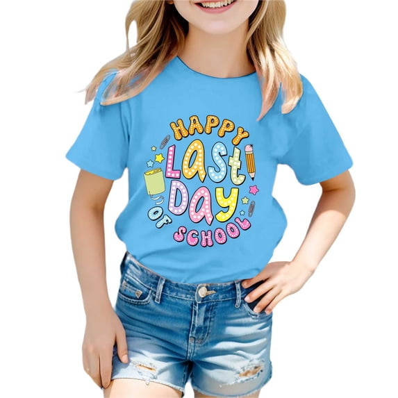 MIXUE Kids Girls Tops & T-Shirts Summer Back To School Letter Print Round Neck Short Sleeve Loose Casual Tshirts Outwear,Blue,5-6 Years