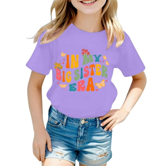MIXUE Kids Girls Tops & T-Shirts Summer Birthday Letter Print Round Neck Short Sleeve Fashion Casual Pullover Tee Shirts Activewear,Purple,6-7 Years