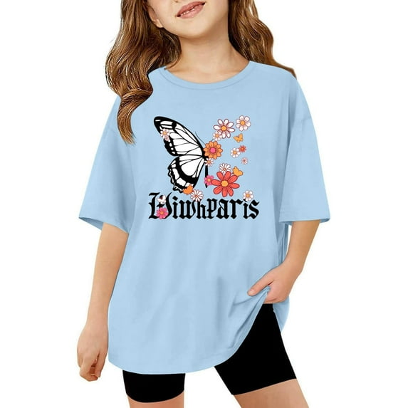 MIXUE Kids Girls Tops & T-Shirts Summer Butterfly Print Floral Round Neck Short Sleeve Casual Stretch Comfortable Pullover T Shirts Sportwear,Blue,8-9 Years