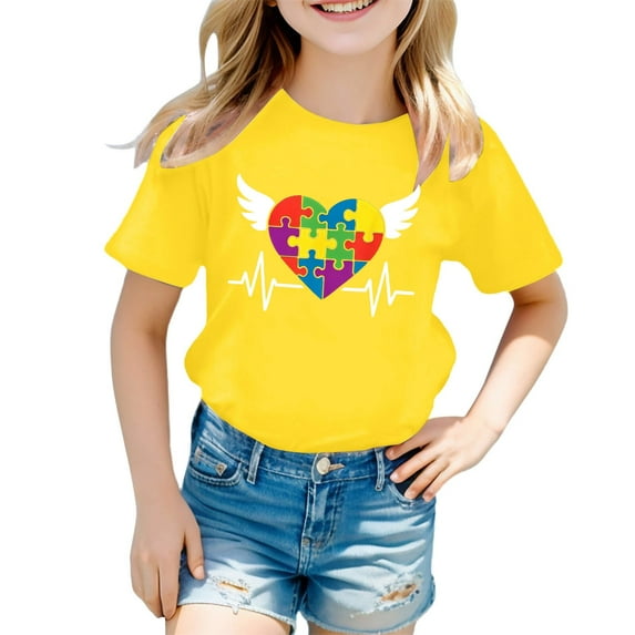 MIXUE Kids Girls Tops & T-Shirts Summer Cartoon Heart Print Round Neck Short Sleeve Loose Pullover T-shirts Holiday Wear,Yellow,7-8 Years