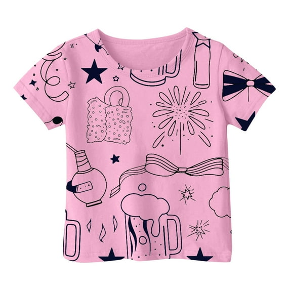 MIXUE Kids Girls Tops & T-Shirts Summer Cartoon Print Round Neck Short Sleeve Loose Casual Sports Pullover T-Shirts Holiday Wear,Pink,8-9 Years
