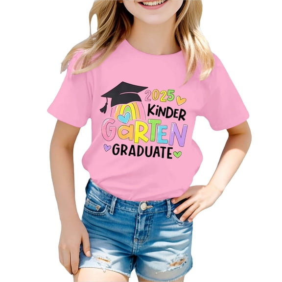 MIXUE Kids Girls Tops & T-Shirts Summer Cute Letter Print Round Neck Short Sleeve Casual Comfortable Back To School Pullover T Shirts Daily-Wear,Pink,6-7 Years