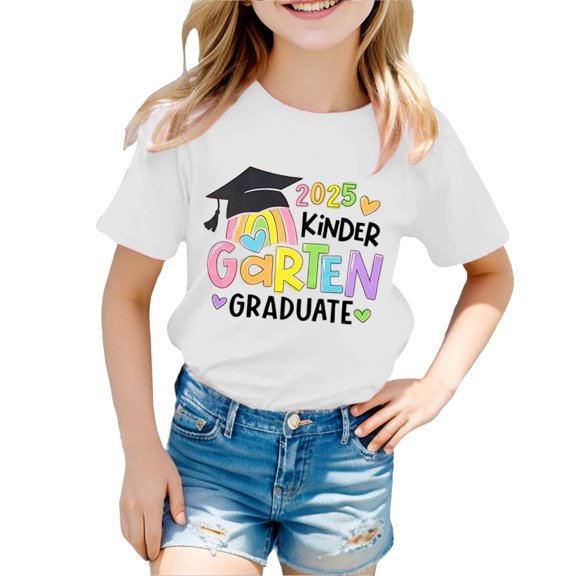 MIXUE Kids Girls Tops & T-Shirts Summer Cute Letter Print Round Neck Short Sleeve Casual Comfortable Back To School Pullover T-shirts Daily-Wear,White,6-7 Years