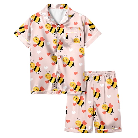 MIXUE Kids Toddler Girls Outfit Sets Summer Bee Festival Heart Print Button Down Lapel Short Sleeve Tops Shorts Two Piece Pajamas Streetwear,Pink,6-7 Years