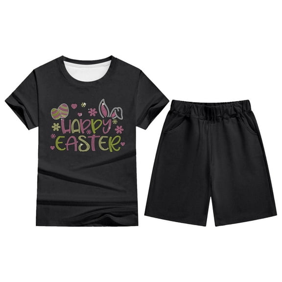 MIXUE Kids Toddler Girls Outfit Sets Summer Cartoon Easter Bunny Print Crew Neck Short Sleeve T Shirt Tops Shorts Two Piece Pajamas Daily-Wear,Black,7-8 Years