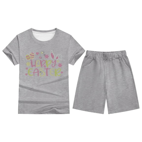 MIXUE Kids Toddler Girls Outfit Sets Summer Cartoon Easter Bunny Print Crew Neck Short Sleeve T Shirt Tops Shorts Two Piece Pajamas Holiday Wear,Gray,7-8 Years