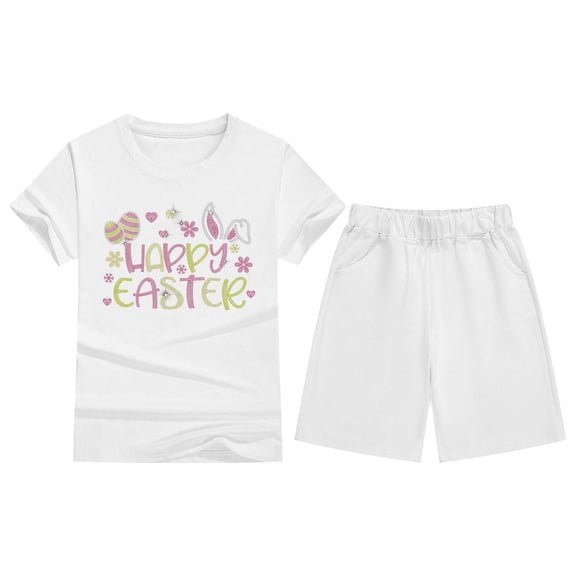 MIXUE Kids Toddler Girls Outfit Sets Summer Cartoon Easter Bunny Print Crew Neck Short Sleeve T Shirt Tops Shorts Two Piece Pajamas Holiday Wear,White,7-8 Years