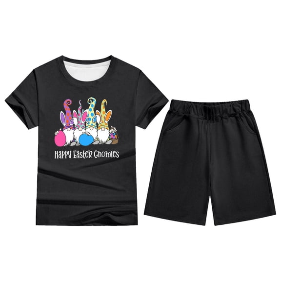 MIXUE Kids Toddler Girls Outfit Sets Summer Cartoon Easter Bunny Print Crew Neck Short Sleeve T Shirt Tops And Shorts Two Piece Pajamas Outwear,Black,9-10 Years