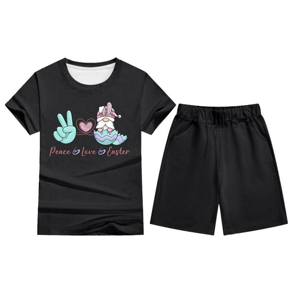 MIXUE Kids Toddler Girls Outfit Sets Summer Easter Bunny Print Crew Neck Short Sleeve T Shirt Tops And Shorts Two Piece Pajamas Outwear,Black,6-7 Years