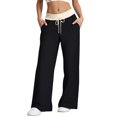 thumbnail image 1 of MIXUE Linen Pants Women Solid Color Casual Mid Waist Cargo Jeans Stretch Wide Leg Denim With Pockets Trousers Womens Pants Holiday Wear,Black,M, 1 of 5