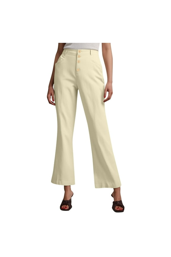 Linen Pants Women Solid Color High Waist Wide Leg Baggy Casual Button Down Loose Straight With Pockets Trousers Womens Pants Streetwear,Beige,M