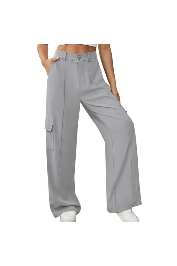 Linen Pants Women Solid Color High Waisted Wide Leg Cargo Button Down Loose Casual Trendy Work With 4 Pockets Trousers Womens Pants Outwear,Gray,L