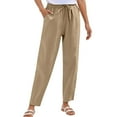 thumbnail image 1 of MIXUE Linen Pants Women Solid Color Straight Leg Elastic Drawstring Casual With Pockets Summer Beach Trousers Womens Pants Outwear,Brown,M, 1 of 5