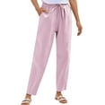 thumbnail image 1 of MIXUE Linen Pants Women Solid Color Straight Leg Elastic Drawstring Casual With Pockets Summer Beach Trousers Womens Pants Streetwear,Pink,XL, 1 of 5