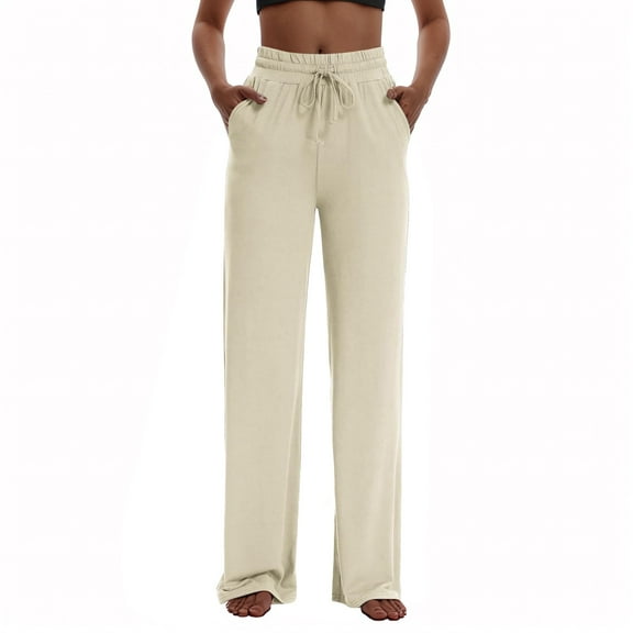MIXUE Linen Pants Women Solid Color Wide Leg Drawstring Baggy Sweatpants High Waisted With Pockets Loose Yoga Trousers Womens Pants Activewear,Beige,XL