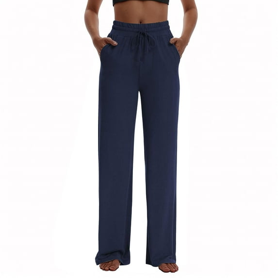 MIXUE Linen Pants Women Solid Color Wide Leg Drawstring Baggy Sweatpants High Waisted With Pockets Loose Yoga Trousers Womens Pants Activewear,Blue,XXL