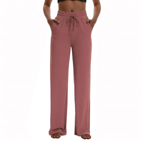 MIXUE Linen Pants Women Solid Color Wide Leg Drawstring Baggy Sweatpants High Waisted With Pockets Loose Yoga Trousers Womens Pants Outwear,Red,XL