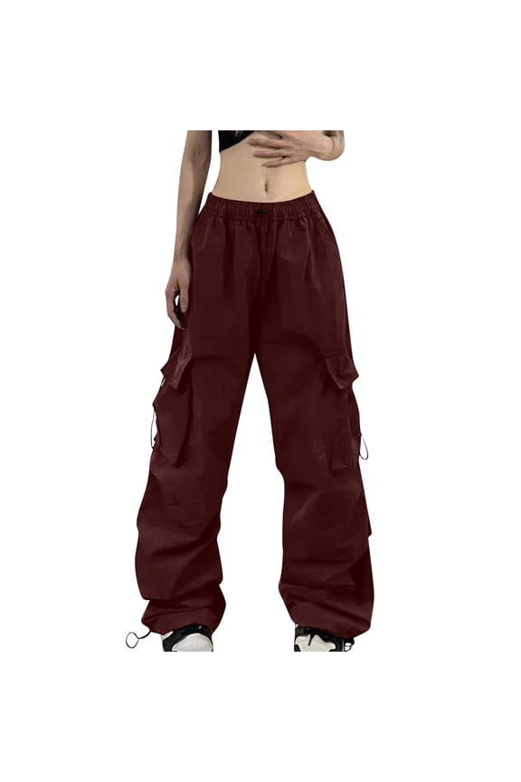 Linen Pants Women Summer Solid Color Cargo Parachute With Pockets Loose Fit Vintage Sweatpants Outwear,Red,XL